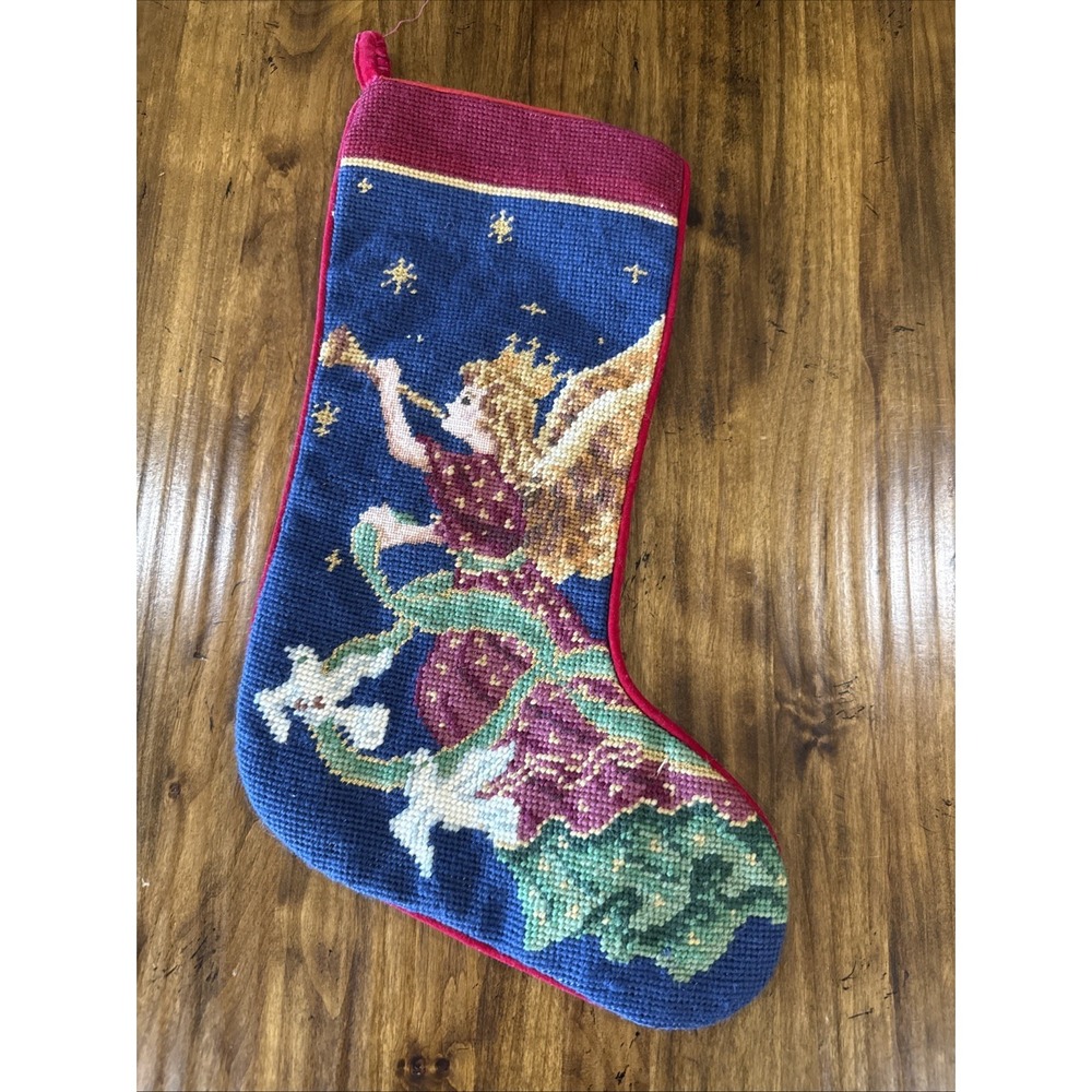 Vintage Wool Needlepoint Velvet Christmas Stocking Trumpet Angel Imperial